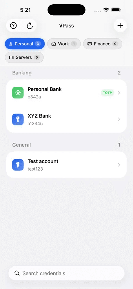VPass vault on iPhone, credentials grouped under Personal, Work, Finance and Servers